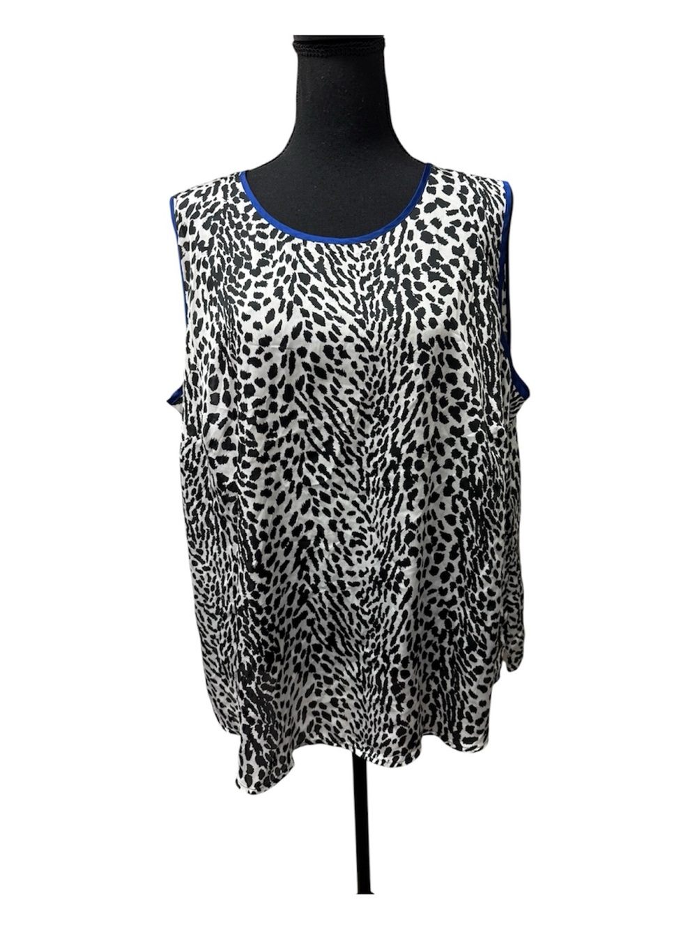 Kasper 2X Animal Print Blouse Sleeveless Black White Blue Trim Top Chic
